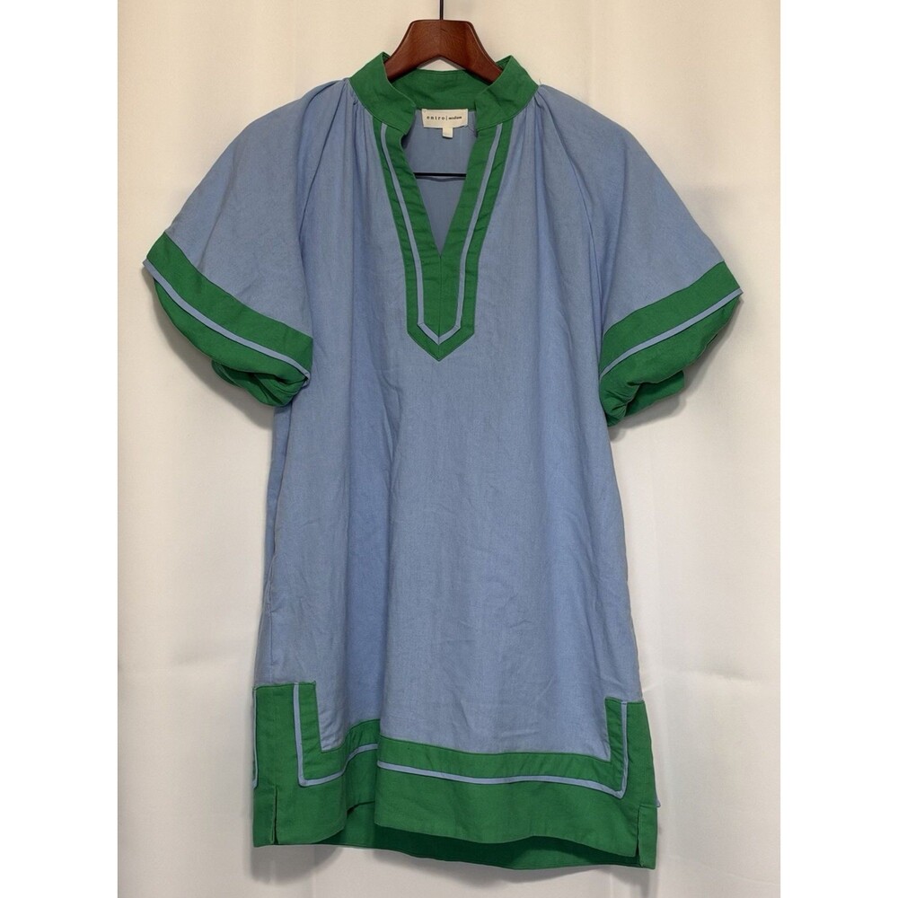 Entro Blue and Kelly Green Shift Dress Size M Knee Length Lined Bubble Sleeve